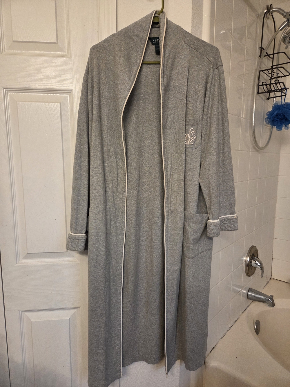 Lauren Ralph Lauren Heather Gray Long Open Robe with White Trim